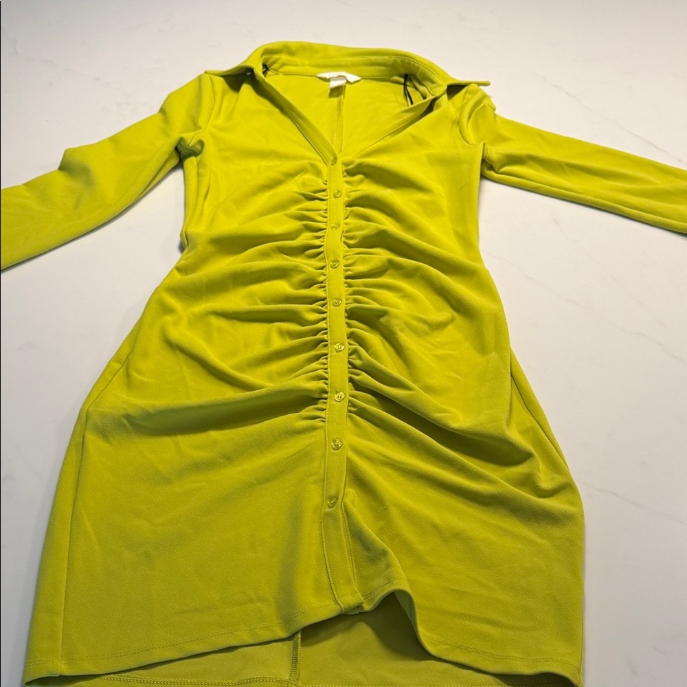 H&M Lime Green Ruched Button-Front Dress size S - Picture 2 of 10